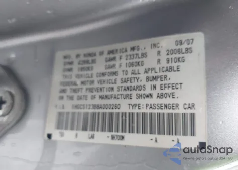 2008 Honda Accord 2.4 Lx-S from USA, damaged, VIN 1HGCS12388A000260